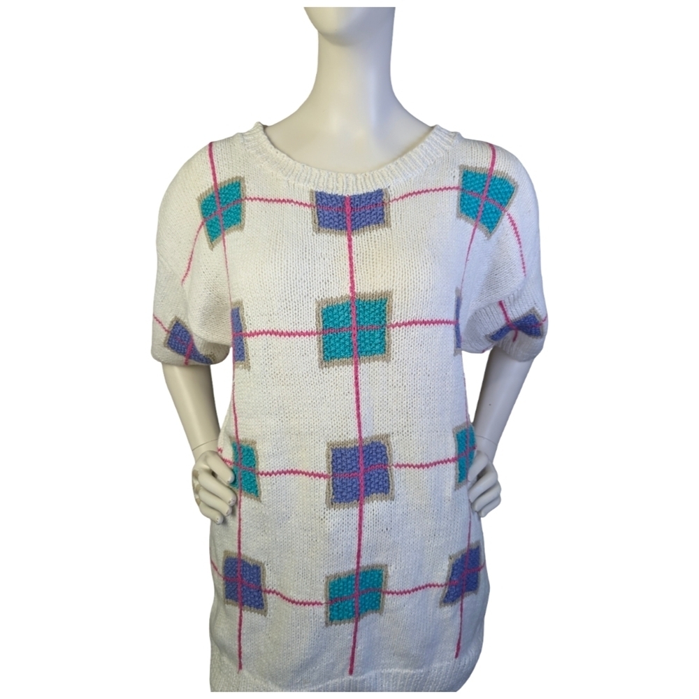 Vintage 80s 90s Northern Isles Hand Knit Short Sleeve Sweater | Pink Purple Teal - Picture 2 of 8